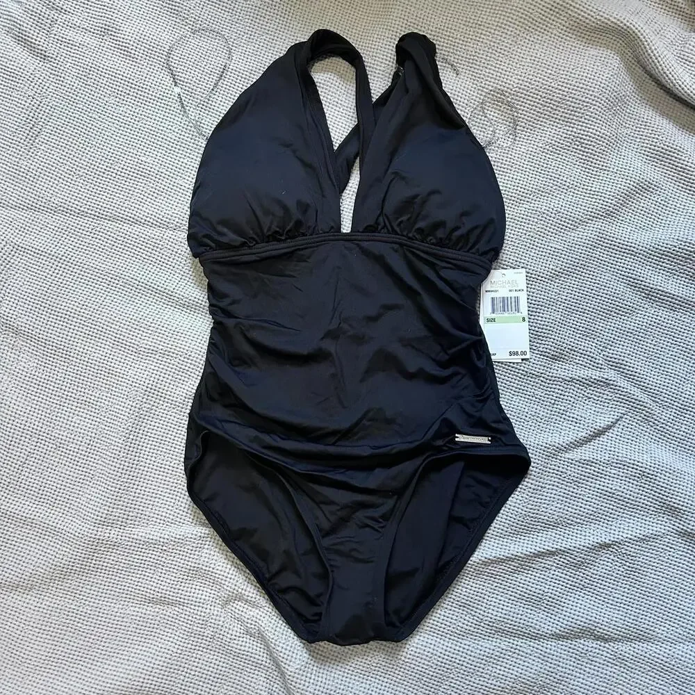 NWT Michael Kors Convertible Deep‎ V One-Piece Black Size 8